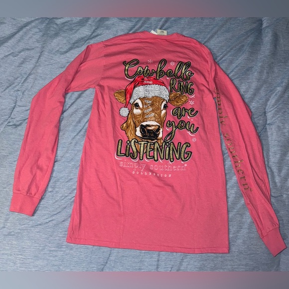 Simply Southern Pink Christmas Cowbells Ring Long Sleeve T Shirt Small - Picture 1 of 3